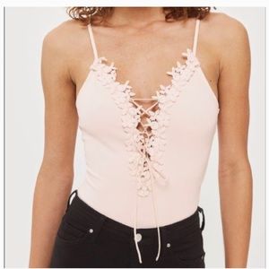 Topshop light pink lace up bodysuit